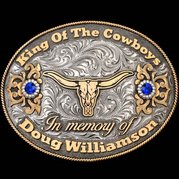 "Our Cowboy King Buckle is inspired by the life of the NRCHA Hall of Fame Horseman, Doug Williamson. Doug truly lived the Cowboy life that movies are made from, earning many acheivements in the Reining Horse community. This buckle is crafted on a han